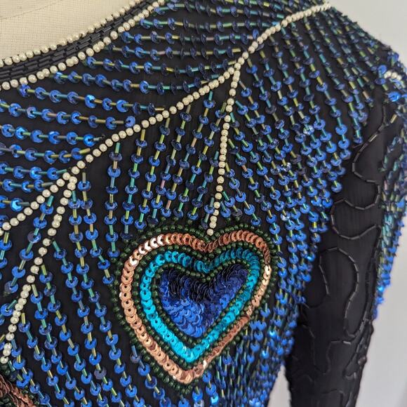Vintage Women's Peacock 1X Elegant Black Beaded Women's Top Blouse Art to Wear - Picture 7 of 9
